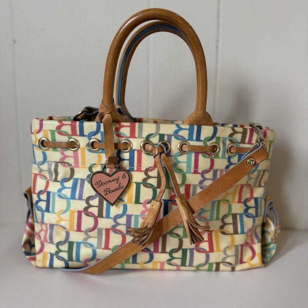 Dooney & Bourke Rainbow Signature Tassel Tote Purse Pink Heart Vtg Y2K 00s Prep